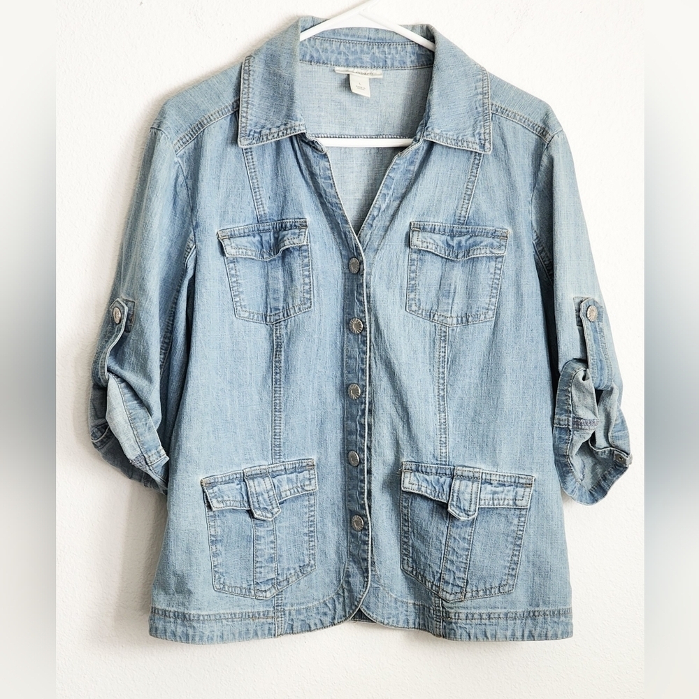 Dressbarn Women's Denim Jacket Snap Close Pockets 3/4 Sleeves Snap/Option Sz L